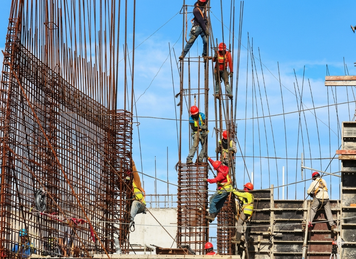 Professional construction team reviewing a development site